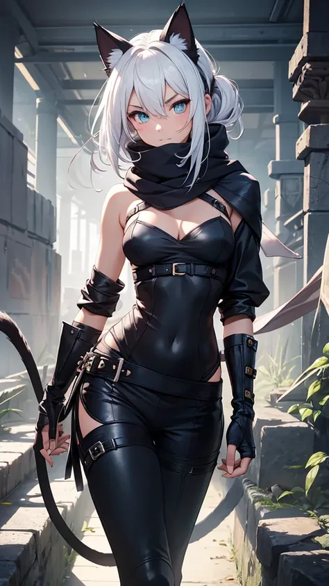 work of art, best qualityer, high resolution, 1 girl, synonym 1, scarf, mitts, ninja mask, long sleeves, leather pants, White hair, Cats ears, cat tail, roupas de rogue, leather pants, thigh strap, holding, holding faca, heterochromia, yellow eye, blue eye...