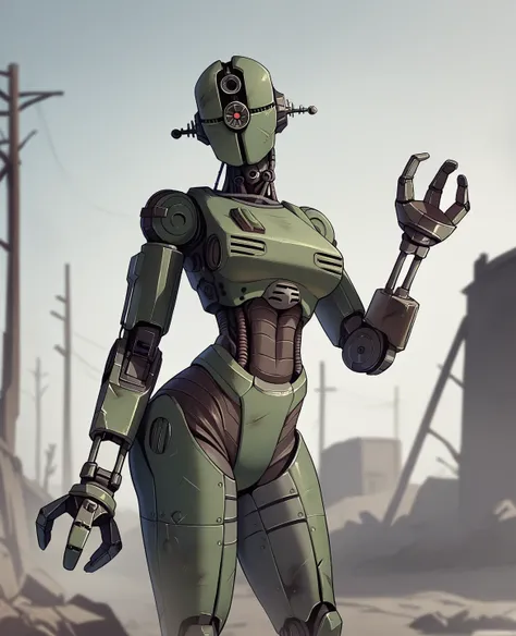 score_9, score_8_up, score_7_up, score_6_up, score_5_up, source_furry, assaultron, fallout, 1girl, solo, breasts, looking at viewer, robot, humanoid robot, robot joints, one-eyed, joints, no humans, green skin, mechanical arms, crotch plate, science fictio...