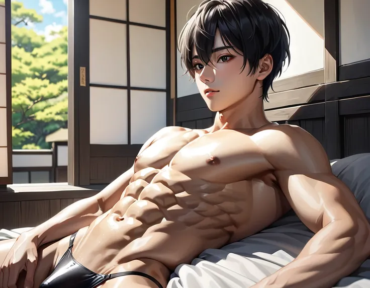 high quality, detailed, Realistic, (one 16 years old japanese boy), (detailed black eyes), (abs:1.5), (shiny skin), detailed nipples, black hair, (black tiny thong), (erected bulge), summer noon, (smile:0.7), close up face, laying on my side shot,