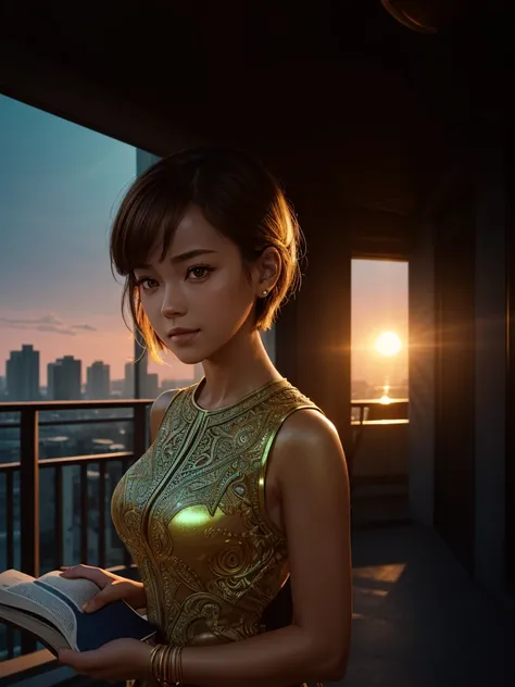 A girl is reading, balcony, book, hunched over a novel, under the ambient sunset light,(focus on upper body:1.3),
1 girl, (dramatic angle:1.5), (bright pupils), light_smile, solo_focus, looking at viewer, light_up, (open_clothes), shine, cinematic_lighting...