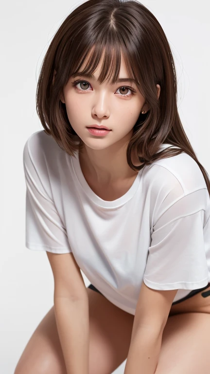 One Girl, (Beautiful girl, Delicate girl:1.3), (16 years old:1.3),
break, (Oversized white T-shirt, Long plain T-shirt:1.3), (Thighs, Are standing, Leaning forward:1.3),
break, (White Background:1.2),
break, Very beautiful eyes, (Symmetrical eyes:1.3),
bre...