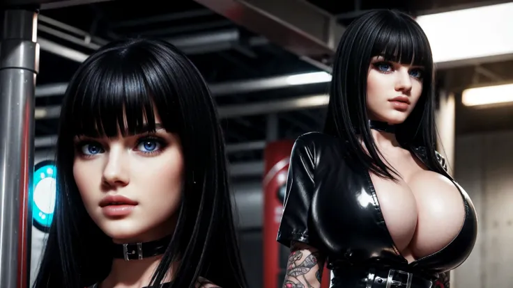 charlottefortnite, long hair, black_hair, bangs, blunt_bangs, red eyes, choker, red eyes, latex skirt, black_skirt, black latex shirt, belt, kneehighs, tattoo (masterpiece, HDR photo) BREAK droptop BREAK ((photorealistic), realistic face), big breasts, bea...