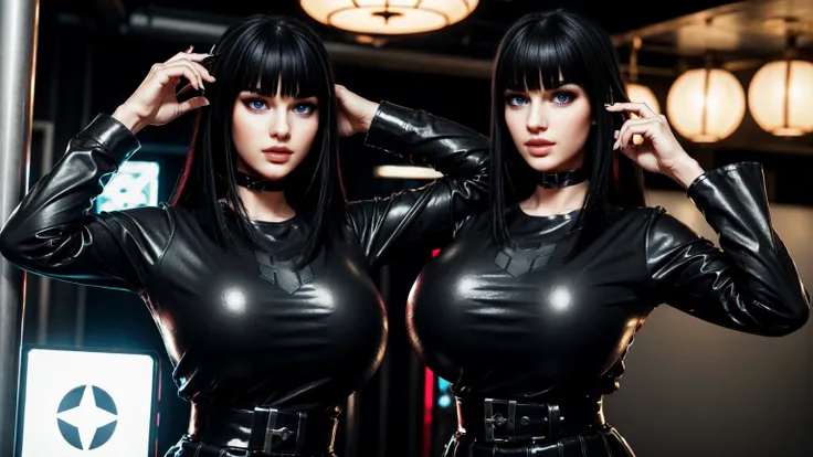 charlottefortnite, long hair, black_hair, bangs, blunt_bangs, red eyes, choker, red eyes, latex skirt, black_skirt, black latex shirt, belt, kneehighs, tattoo (masterpiece, HDR photo) BREAK droptop BREAK ((photorealistic), realistic face), big breasts, bea...