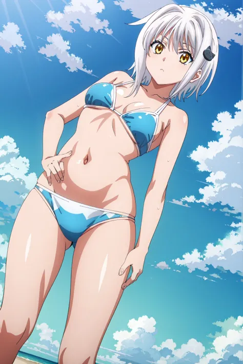 eft_dxd_white, 1girl, cat hair ornament, yellow eyes, hair ornament,white hair, solo, short hair,  looking at the viewer, blue theme, blue background, cloudy sky, sunlight, sweat, orgasmic, bikini swimsuit, medium breasts, cleavage, belly button exposed, c...