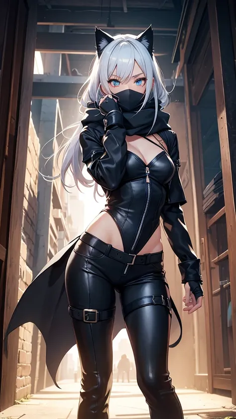 work of art, best qualityer, high resolution, 1 girl, synonym 1, scarf, mitts, ninja mask, long sleeves, leather pants, White hair, Cats ears, cat tail, roupas de rogue, leather pants, thigh strap, holding, holding faca, heterochromia, yellow eye, blue eye...