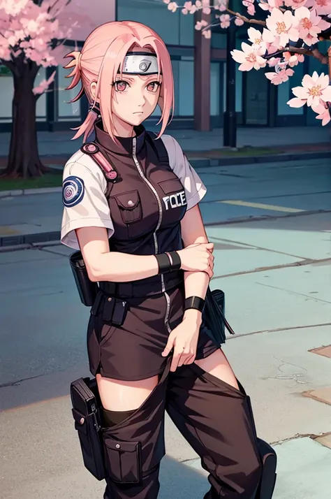 (((sakura haruno naruto))),(((wearing police clothes))),(((alone)))