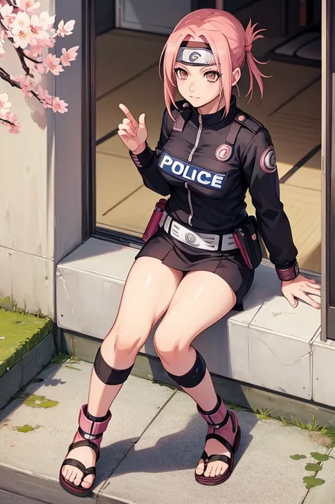 (((sakura haruno naruto))),(((wearing police clothes))),(((alone)))