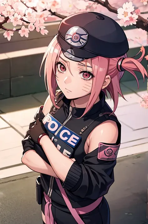 (((sakura haruno naruto))),(((wearing police clothes))),(((alone)))