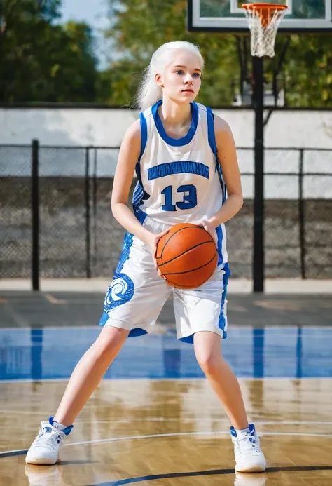 14 year old girl with white hair, blue eyes, white skin playing basketball full body