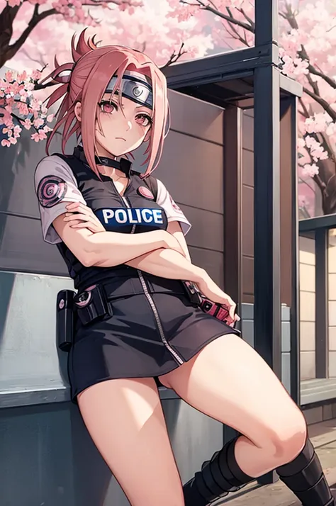 (((sakura haruno naruto))),(((wearing police clothes))),(((alone)))