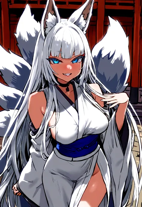 masterpiece, best quality, kitsune 1girl, solo, beautiful kitsune woman, fox ears, bangs, white hair, very long hair, blue eyes, grin, medium breasts, black choker, white kimono, long kimono, long kimono sleeves, blue sash, 5 white fox tails, white hair, l...