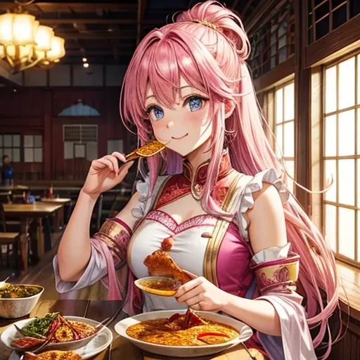 Pink hair eating curry　Indian traditional clothing　Isekai Cafeteria