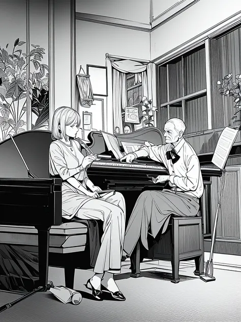 living room, (old man sitting in armchair smoking a pipe), (old woman sitting in armchair reading a book), (man sitting at a table writing a letter), (woman playing the piano), (girl standing next to the piano singing), (boy playing with a ball),  (little ...