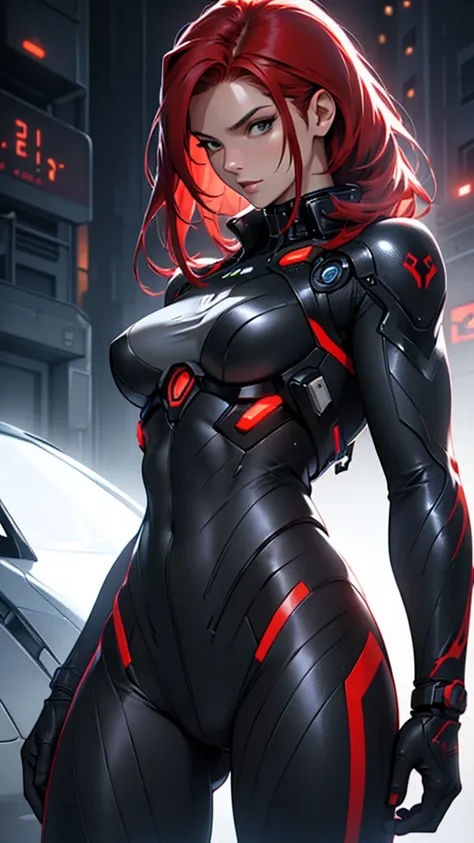 Beautiful cybernetic girl detailed muscles realistic masterpieces full figure pose (best quality,ultra-detailed), unique red hair, fair skin, fit body, slim figure, narrow waist, (sultry expression), black carbon fiber cybernetic mobile combat suit