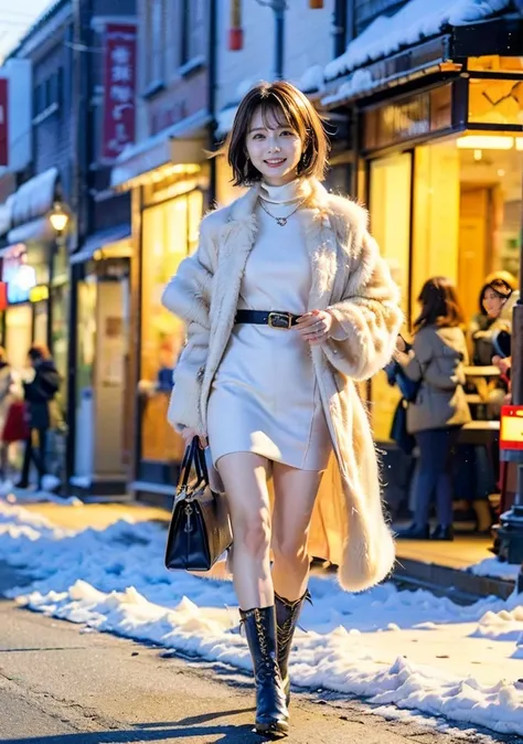 outdoors in the city、fur coat、豪華なグレーのミンクのfur coat、wear leather boots、luxury bags、inner turtleneck、silver necklace and small silv...