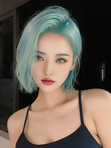 arafed woman Blue Hair and a black top posing for a picture, Sky blue straight hair, short green hair, Blue Hair, Blue short hair, Blue short hair,Dilraba Dilmurat, Sky blue hair,, Blue Hairstyle