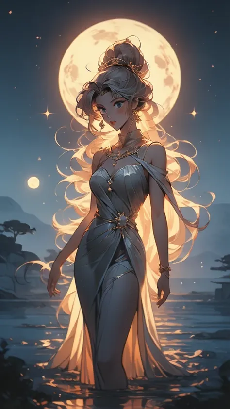 a close up of a cartoon of a woman in a dress, the sailor galaxia. beautiful, lunar goddess, celestial goddess, moon goddess, go...