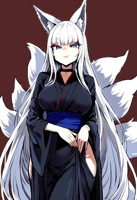 masterpiece, best quality,  kitsune 1girl, solo, beautiful kitsune woman, fox ears, bangs, white hair, very long hair, blue eyes, smug, medium breasts, black choker, long kimono, long kimono sleeves, blue sash, 5 white fox tails, white hair, looking at vie...