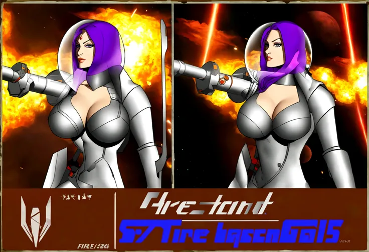 Angelina Jolie (age 25, giga busty, huge breasts, sexy violet clear plastic space suit, thruster pack, bubble dome, big laser rifle) is a scout in an asteroid field, attacked by fembots of the opposing faction (silver and red color scheme). Show the fire f...