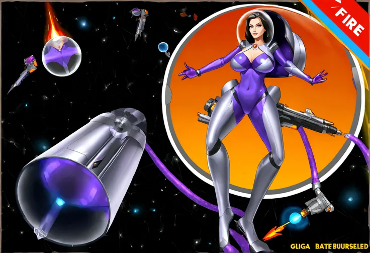 Angelina Jolie (age 25, giga busty, huge breasts, sexy violet clear plastic space suit, thruster pack, bubble dome, big laser rifle) is a scout in an asteroid field, attacked by fembots of the opposing faction (silver and red color scheme). Show the fire f...