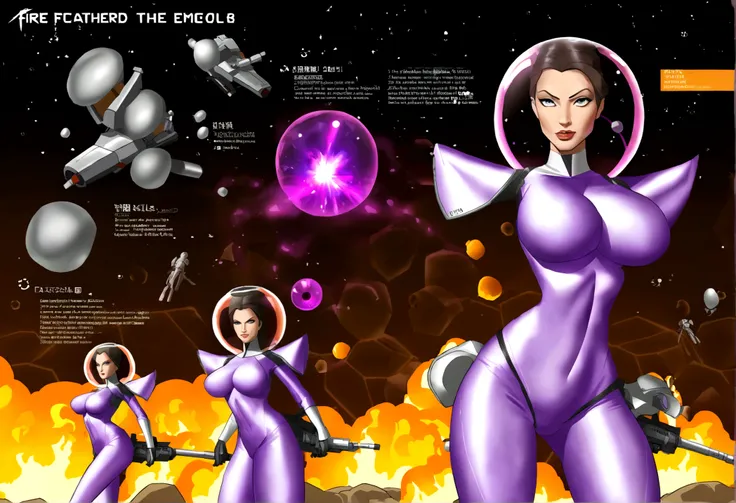 Angelina Jolie (age 25, giga busty, huge breasts, sexy violet clear plastic space suit, thruster pack, bubble dome, big laser rifle) is a scout in an asteroid field, attacked by fembots of the opposing faction (silver and red color scheme). Show the fire f...