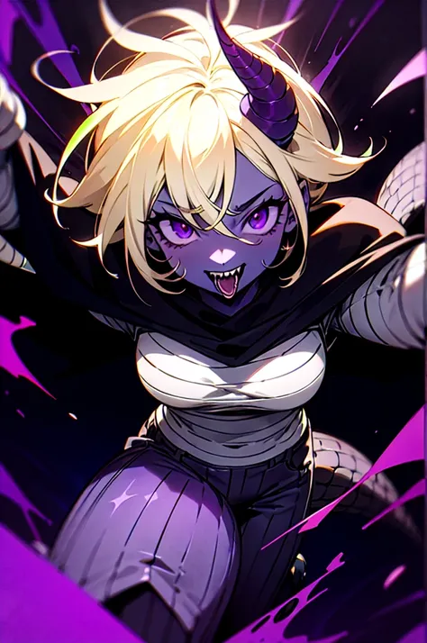 black demon man with black skin, purple stripes, purple eyes, short black horns, terrifying mouth, purple energy, purple ripped pants, tail, dark gray cape, blonde hair with black