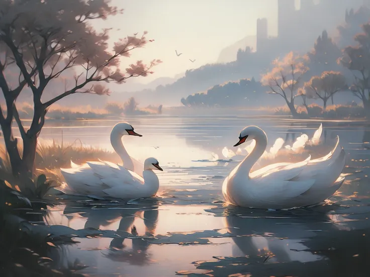 painting of a swan in a lake with a tree in the background, a pastel by robert bateman, trending on cgsociety, fine art, swan, p...