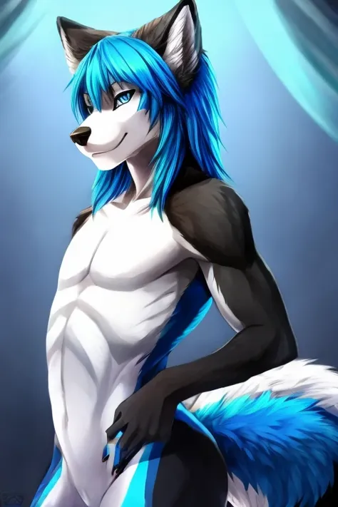 complete body, Femboy wolf, white thumb, blue colored eyes, white shoulder-length hair with blue highlights,with blue tail