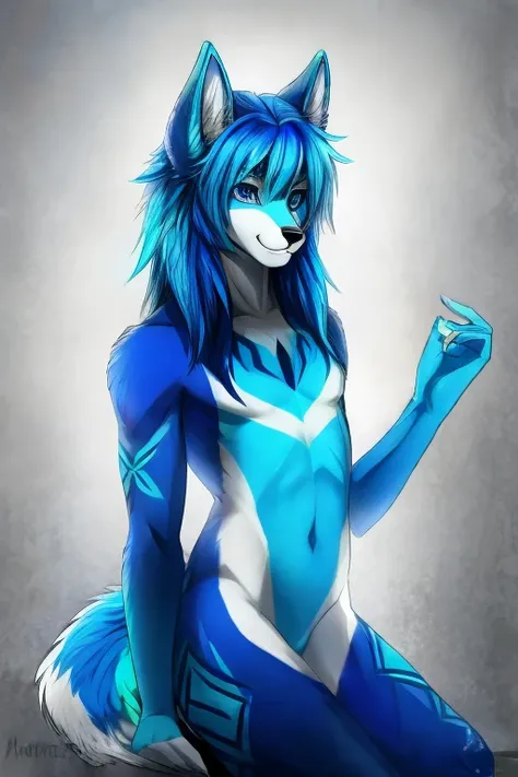 complete body, Femboy wolf, white thumb, blue colored eyes, white shoulder-length hair with blue highlights,with blue tail