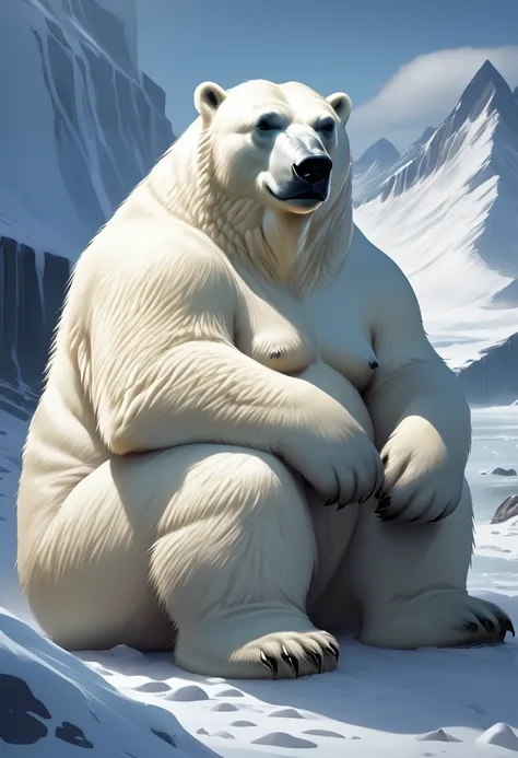 polar bear，fat，full，there is hair on the body，no clothes，sitting，orcs