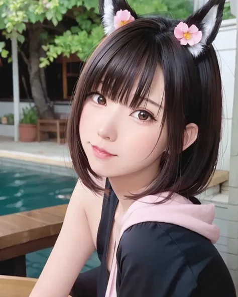 Black-haired、Anime girl in a pink dress with flowers in her hair, very Beautiful anime fox girl, Beautiful anime fox girl, Beautiful fantasy anime, Gwaiz, Anime girl with fox ears, Beautiful Anime Girls, Very beautiful and cute fox girl, Pink flower rain, ...