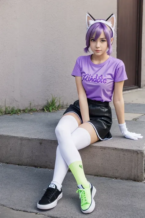 anime female person, , purple cat ears, purple cat tail, short brown and medium blonde hair, lime green t-shirt and lilac skirt, Long white socks and black sneakers, white gloves, blue eyes 