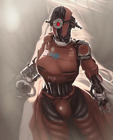 score_9, score_8_up, score_7_up, score_6_up, score_5_up, source_furry, , red, assaultron, fallout, 1girl, solo, breasts, looking...