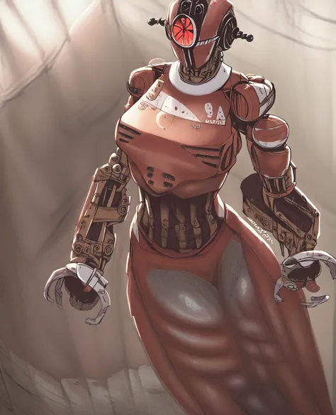 score_9, score_8_up, score_7_up, score_6_up, score_5_up, source_furry, , red, assaultron, fallout, 1girl, solo, breasts, looking at viewer, red robot, humanoid robot, robot joints, one-eyed, joints, no humans, red skin, mechanical arms, red crotch plate, s...