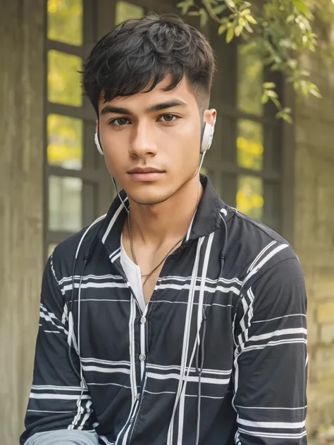 The image shows a young man with a serious expression, wearing a black and white striped shirt and headphones. The background is a blurred outdoor scene.