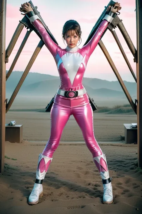 pink theme，pink ranger suit、curvy, big breats,  full body, tied on saint andrew's cross in x position