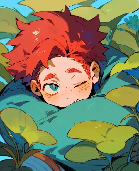 Red-haired boy, a lot of freckles, One eye is blue, other green