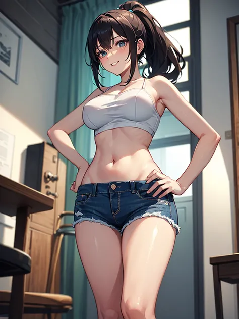 (highest quality, High resolution, perfect pixel, Depth of bounds written, 4K), upper body, (chair), (looking down), (detailed eyes), (1 lady), tall, (skinny body:1.2), (thin thighs:1.2), (Narrow hips:1.2), (black tube tops:1.2), bellybutton, sleeveless, (...