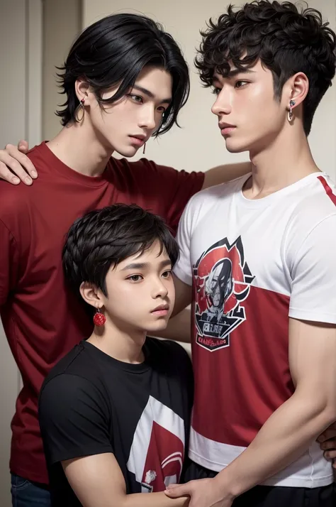 Gay couple, one of the boys with black wavy hair, Cao Cao, wearing earrings, and an anime t-shirt. The other boy, short straight hair, brown skinned, medium height, wearing red basketball t-shirt. 