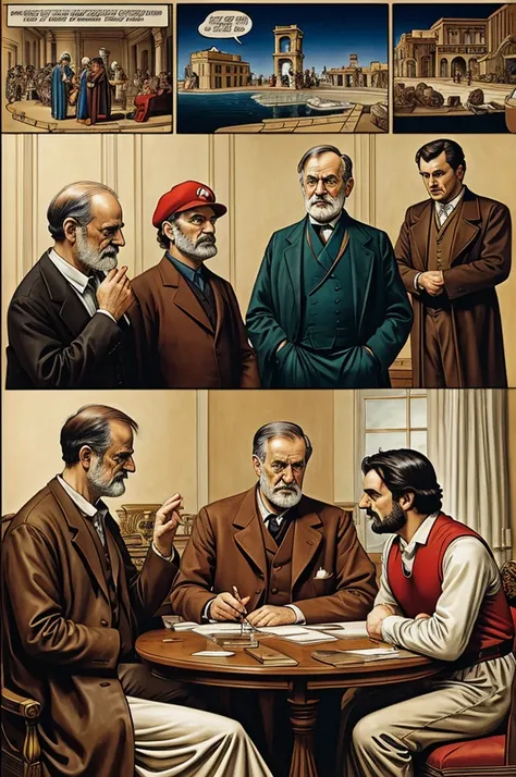 make a comic with 6 images about freud, Plato and Mario Victorino dialogue about psychoanalysis 