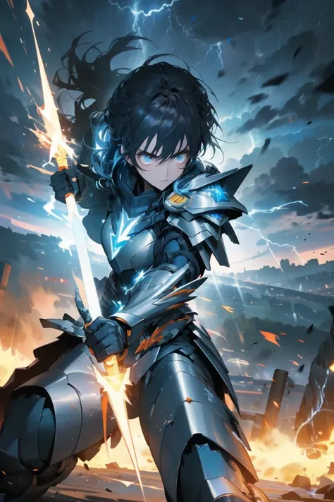 A woman with the power of thunder and full armor (best quality, Extremely detailed, Reality), Lightning Effect, Vibrant colors, Storm background, Strong stance, Focused gaze, Dynamic poses, Metal Armor, Luminous elements, Electric Spark, Crackling energy, ...