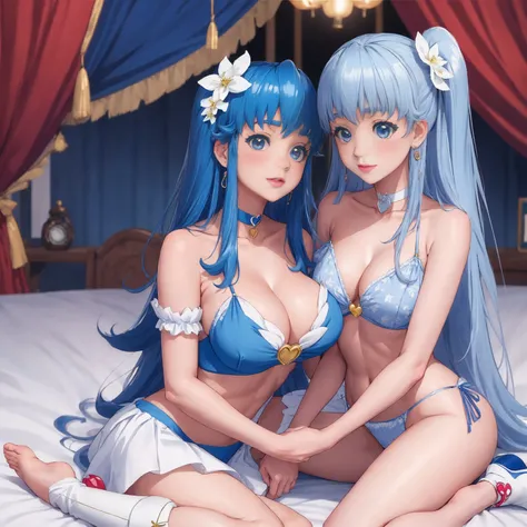 Shirayuki Hime sitting on bed wearing a blue bikini outfit full body toe to head, wrist cuffs, kee boots, large breasts, choker, heart brooch, milf, married woman, soft With a gentle appearance and a gentle mother-like atmosphere, feminine style, beautiful...