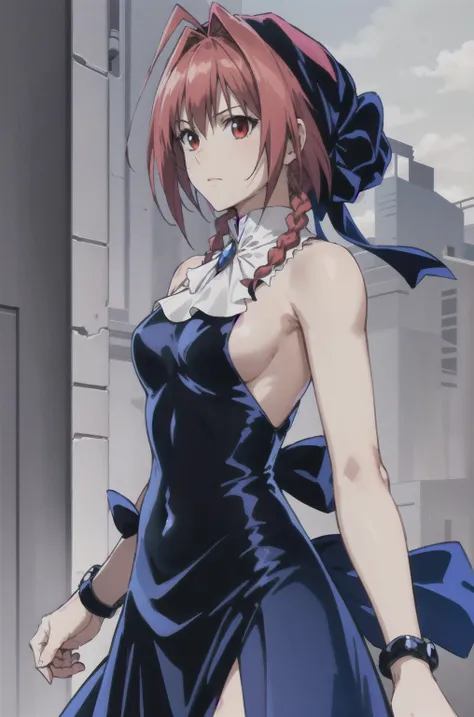 masterpiece, Highest quality,High resolution,Dorothy, Redhead,Red eyes, Have,dress,Braiding, black dress,