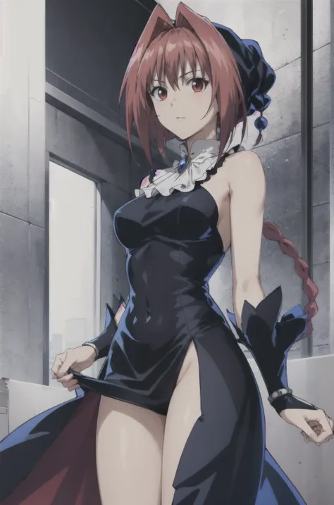 masterpiece, Highest quality,High resolution,Dorothy, Redhead,Red eyes, Have,dress,Braiding, black dress,