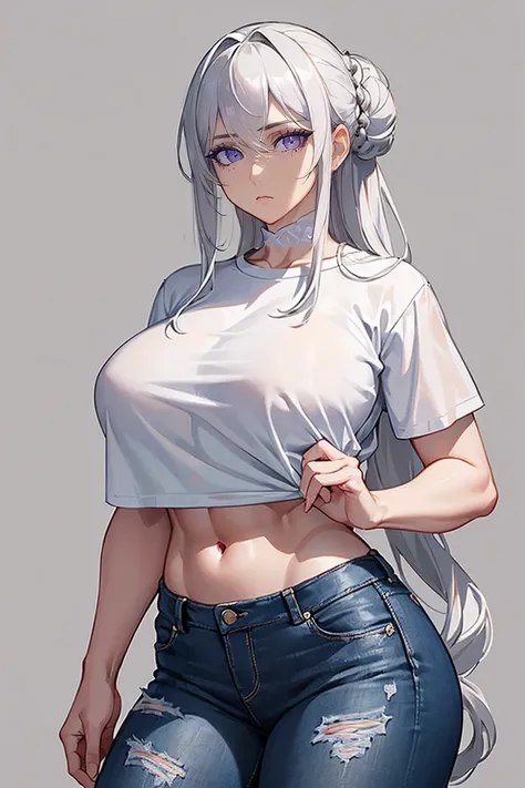 (Uhd, Masterpiece, Textured Skin, Super Detail, High Details, High Quality, Best Quality), Detailed Face, 1woman, mature pretty woman, (Huge Body:1.5), (Silver hair tied in a bun, long hair), (Short black top shirt, jeans pants), standing, six pack