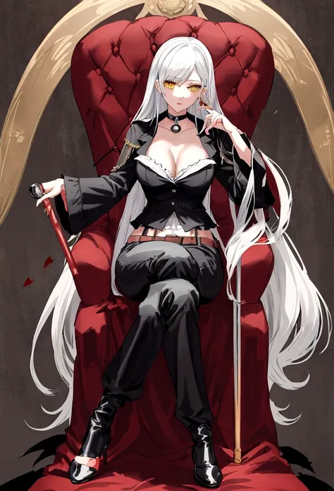 elizabeth rose bloodflame (hololive), Best quality，masterpiece，a high resolution，Adult female, businesswoman, mature female, skinny, nardack, visible breasts apart, visible collarbone, visible breasts apart, medium breast, holding cane, visible cane, white...