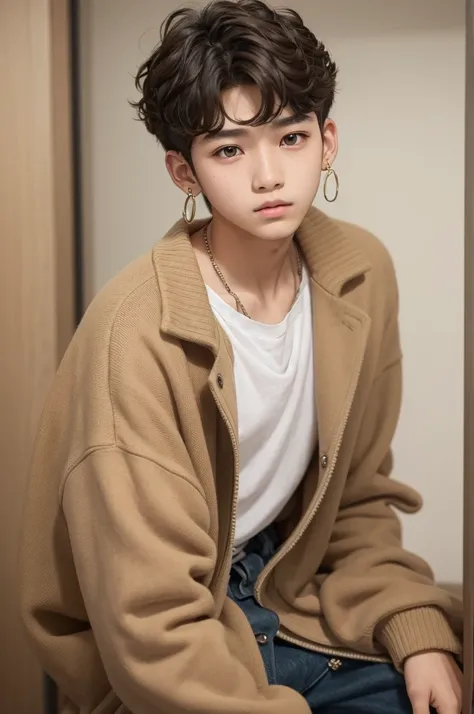 15 year old boy, short wavy hair, eyes browns, median body, stylish earrings, 