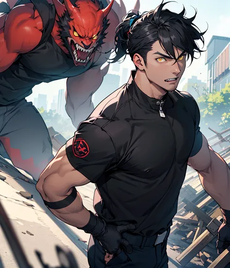 (detailed), 1 man, Black hair in a ponytail Back below the nape of the neck and 2 strands in front, yellow eyes, fangs,black jacket, gray t-shirt, cargo pants, Gloves without fingers, And well defined body.   fighting a monster