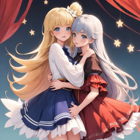 (masterpiece, best quality) 2girls, hug, blonde, size difference