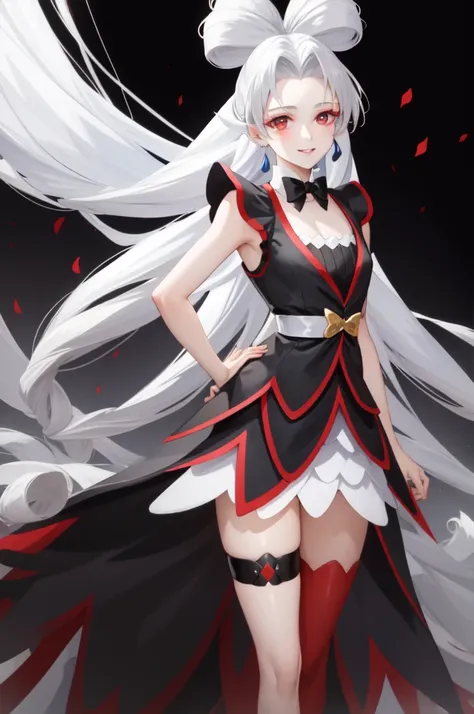 masterpiece, best quality, absurdres, perfect antomy, 1girl, solo, twilight, white hair, long hair, quad tails, black dress, red...